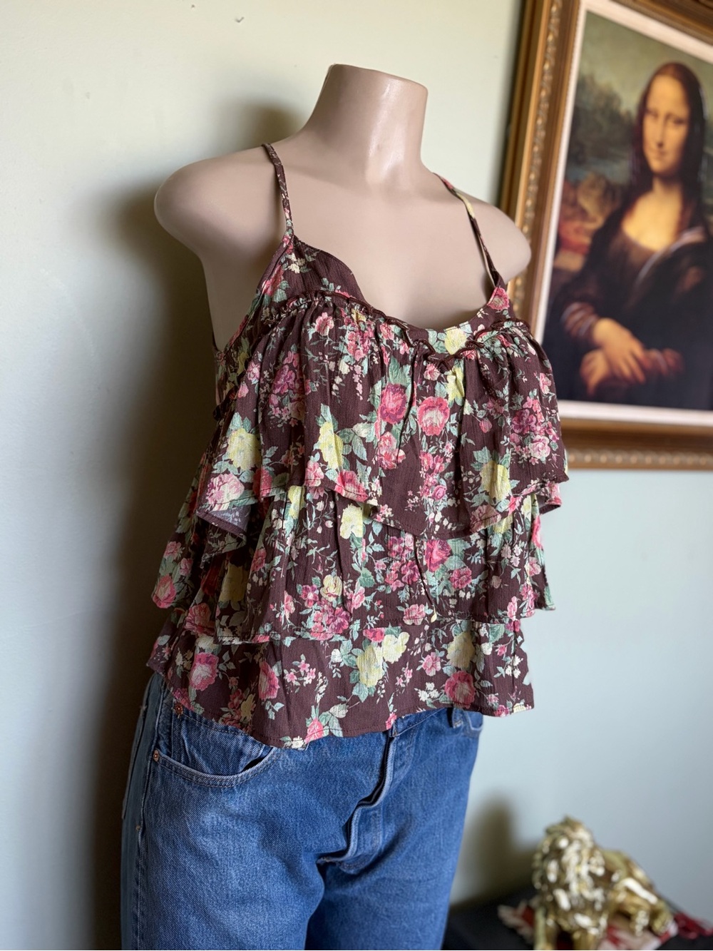 Madden NYC Brown Floral Peasant Ruffle Boho Tank Top Women’s Size XS Fairycore